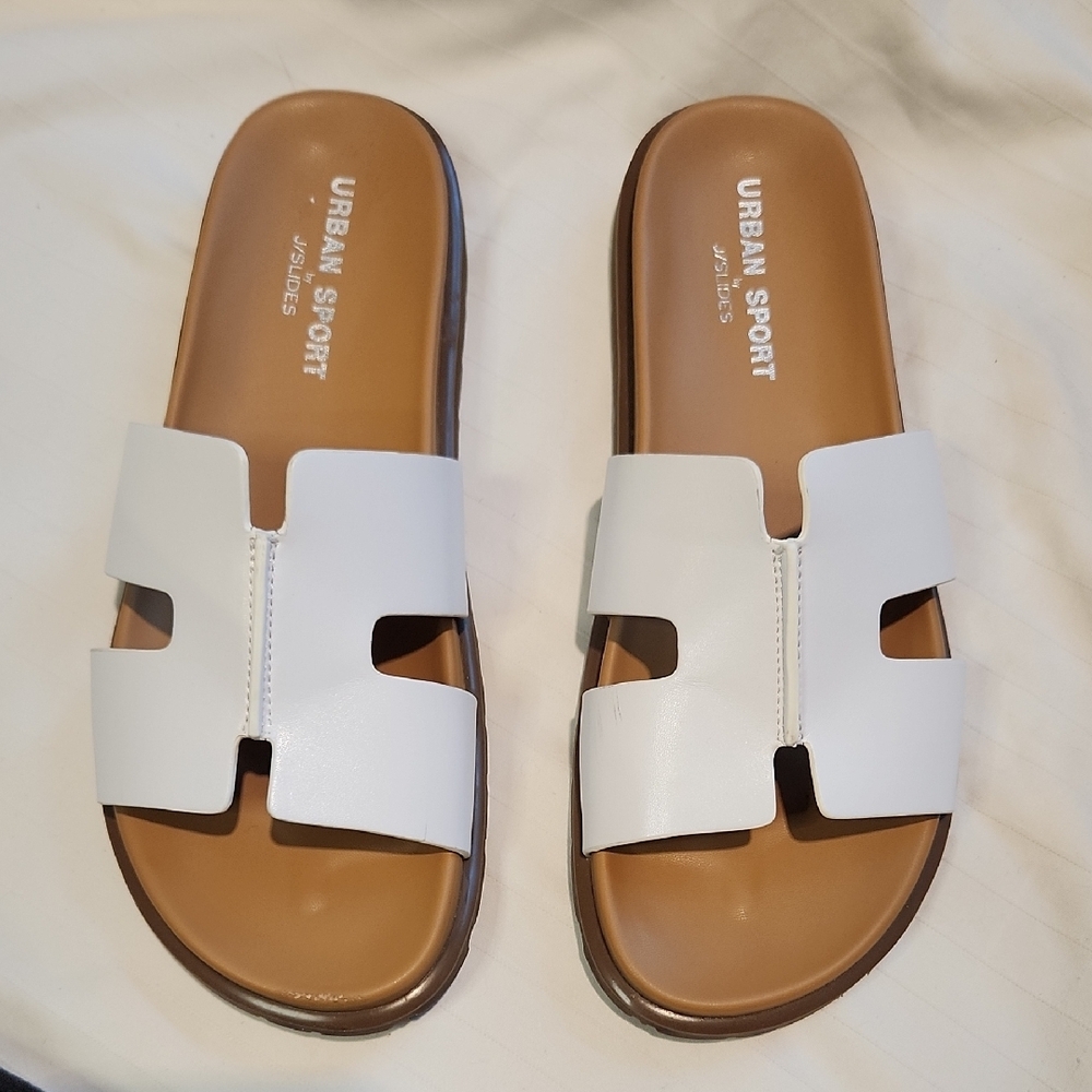 J/SLIDES White Leather Cutout Slide Sandals Sz9 - Picture 4 of 4